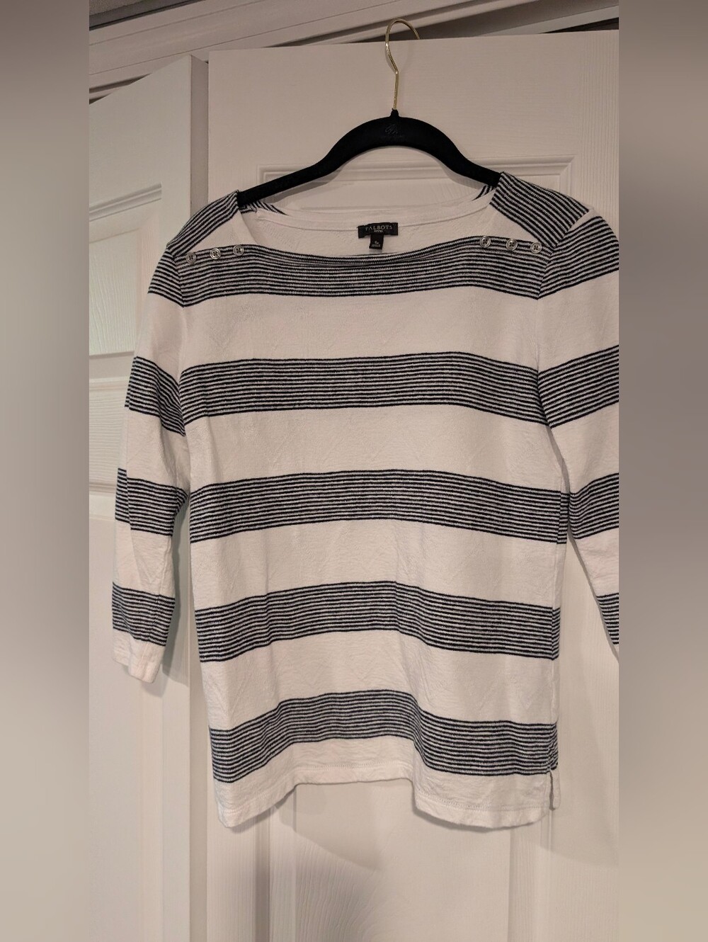 Talbots White and Navy Striped Boatneck Sweater with Shoulder Buttons